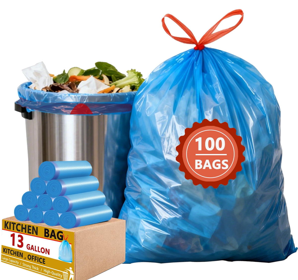 13 gallon Trash Bags Drawstring (Count 100), Tall Kitchen Garbage Bags, Blue