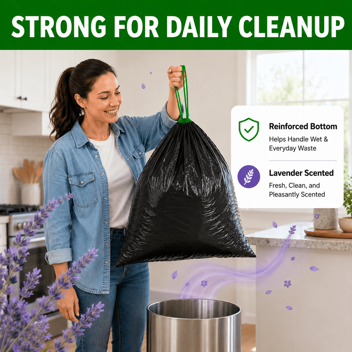8 Gallon Trash Bags Lavender Scented (100 Count), Black Drawstring Garbage Bags for 6-8 Gallon Cans, Tear Resistant Small Trash Bags for Kitchen, Bathroom, Office Waste Odor Control
