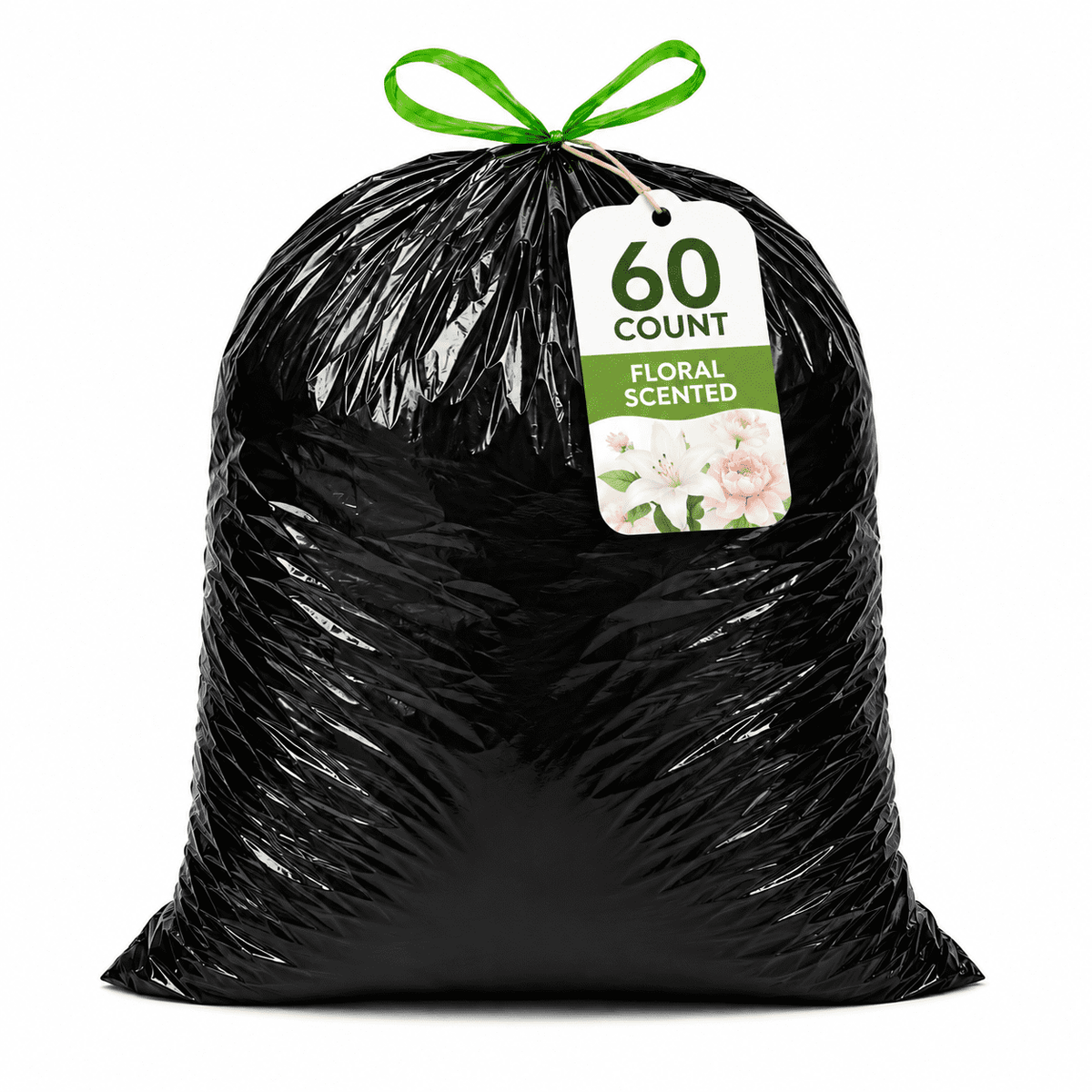 30 Gallon White Trash Bags, 60 Count, Floral Scented Drawstring Garbage Bags for Large Kitchen, Office, Garage and Household Cleanup