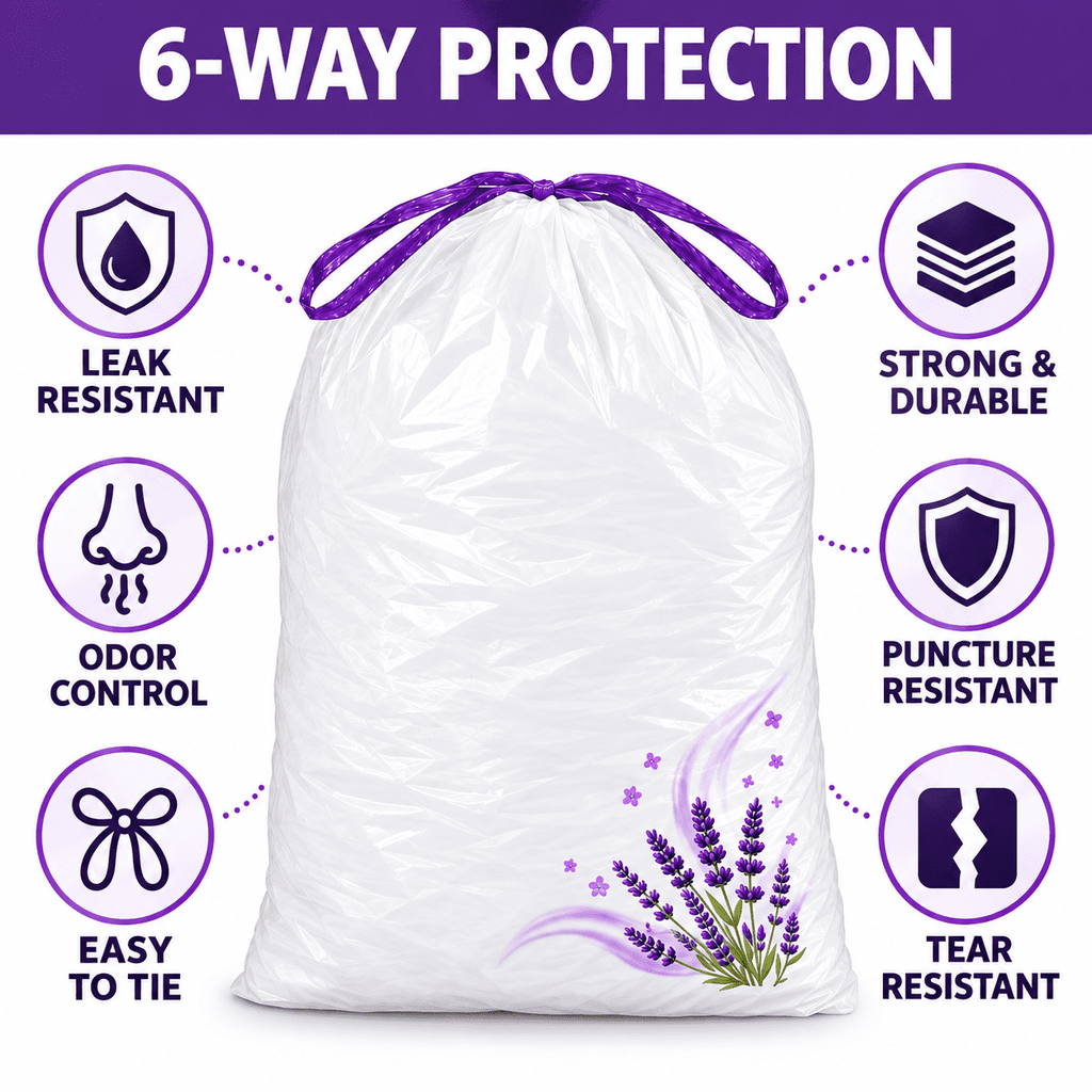 13 Gallon Trash Bags Lavender Scented (100 Count), Tall Kitchen Drawstring Garbage Bags 10-13 Gallon, High Density Bags (White)