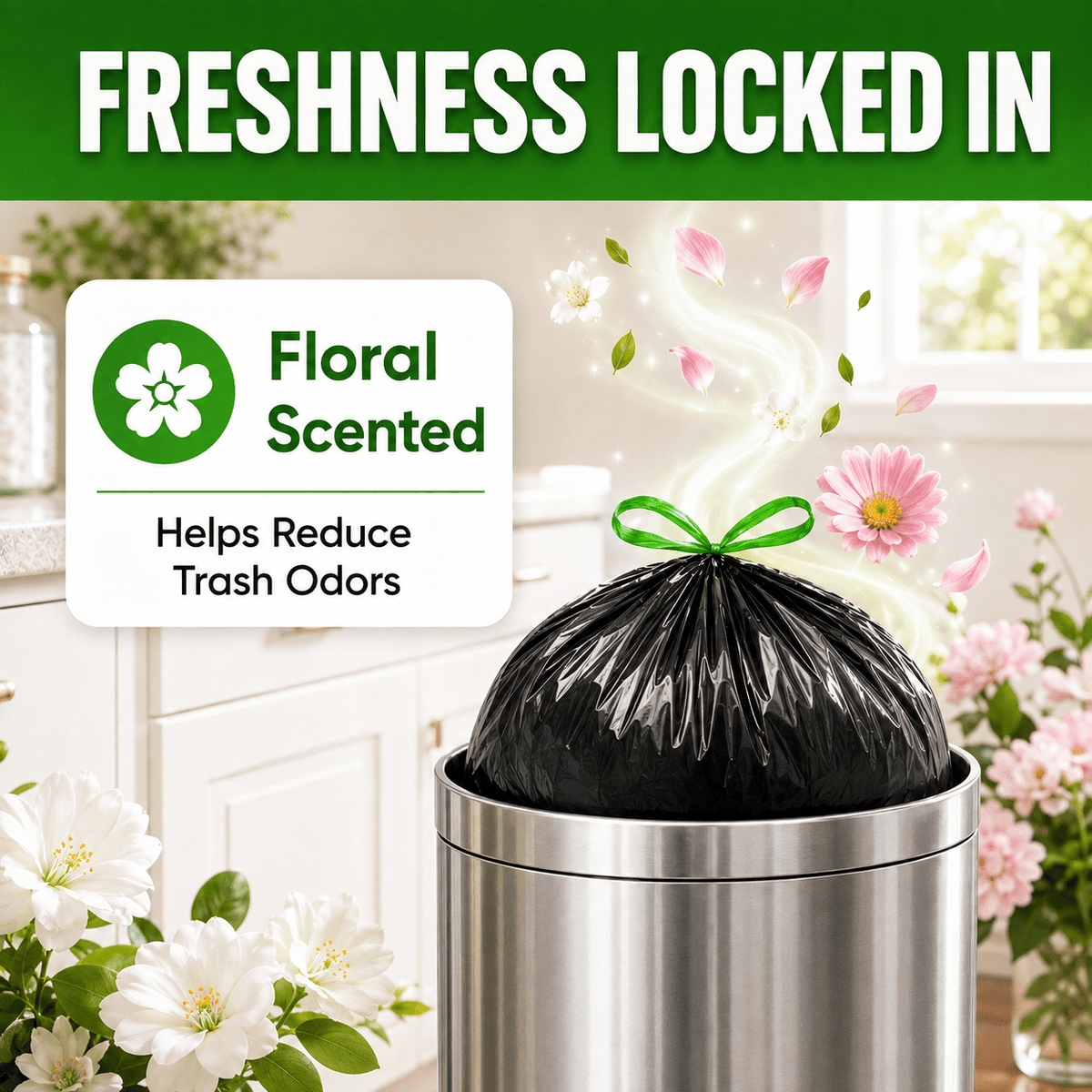 30 Gallon White Trash Bags, 60 Count, Floral Scented Drawstring Garbage Bags for Large Kitchen, Office, Garage and Household Cleanup