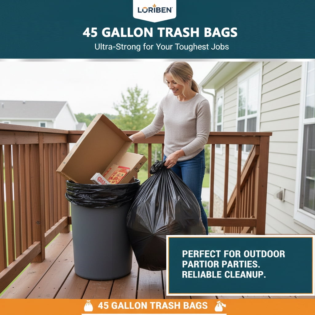 45 Gallon Trash Bags (70 Count), Black Heavy Duty Outdoor Garbage Bags, with Tying Ropes