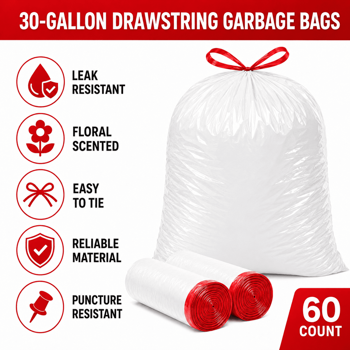 30 Gallon White Trash Bags, 60 Count, Floral Scented Drawstring Garbage Bags for Large Kitchen, Office, Garage and Household Cleanup