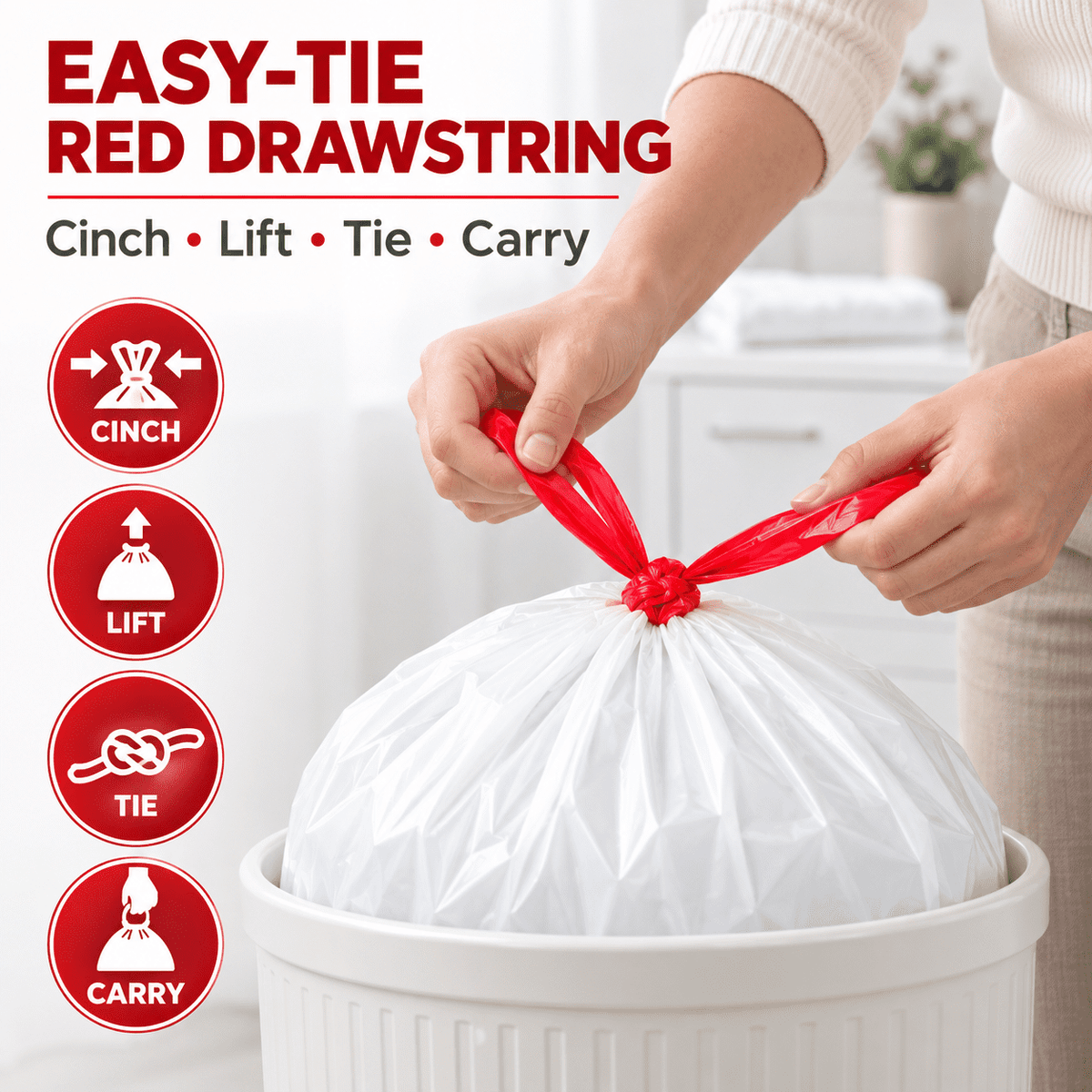 8 Gallon Trash Bags, 100 Count, White Garbage Bags with Red Drawstrings for 6-10 Gallon Cans, Kitchen, Office, Bedroom, Bathroom