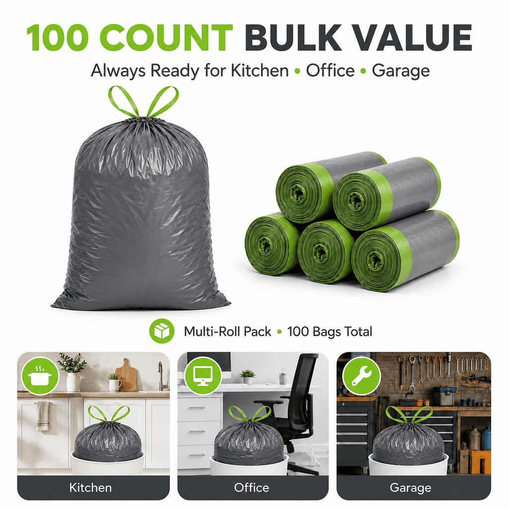 13 Gallon Lavender Scented Trash Bags (100 Count), Tall Kitchen Drawstring Garbage Bags, Gray, High Density, Fits 10–13 Gallon Cans