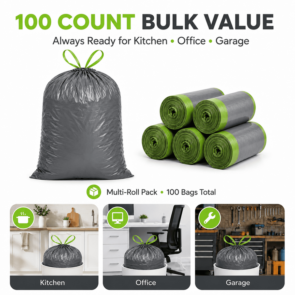 13 Gallon Lavender Scented Trash Bags (100 Count), Tall Kitchen Drawstring Garbage Bags, Gray, High Density, Fits 10–13 Gallon Cans