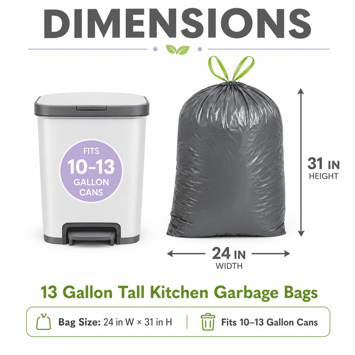 13 Gallon Lavender Scented Trash Bags (100 Count), Tall Kitchen Drawstring Garbage Bags, Gray, High Density, Fits 10–13 Gallon Cans