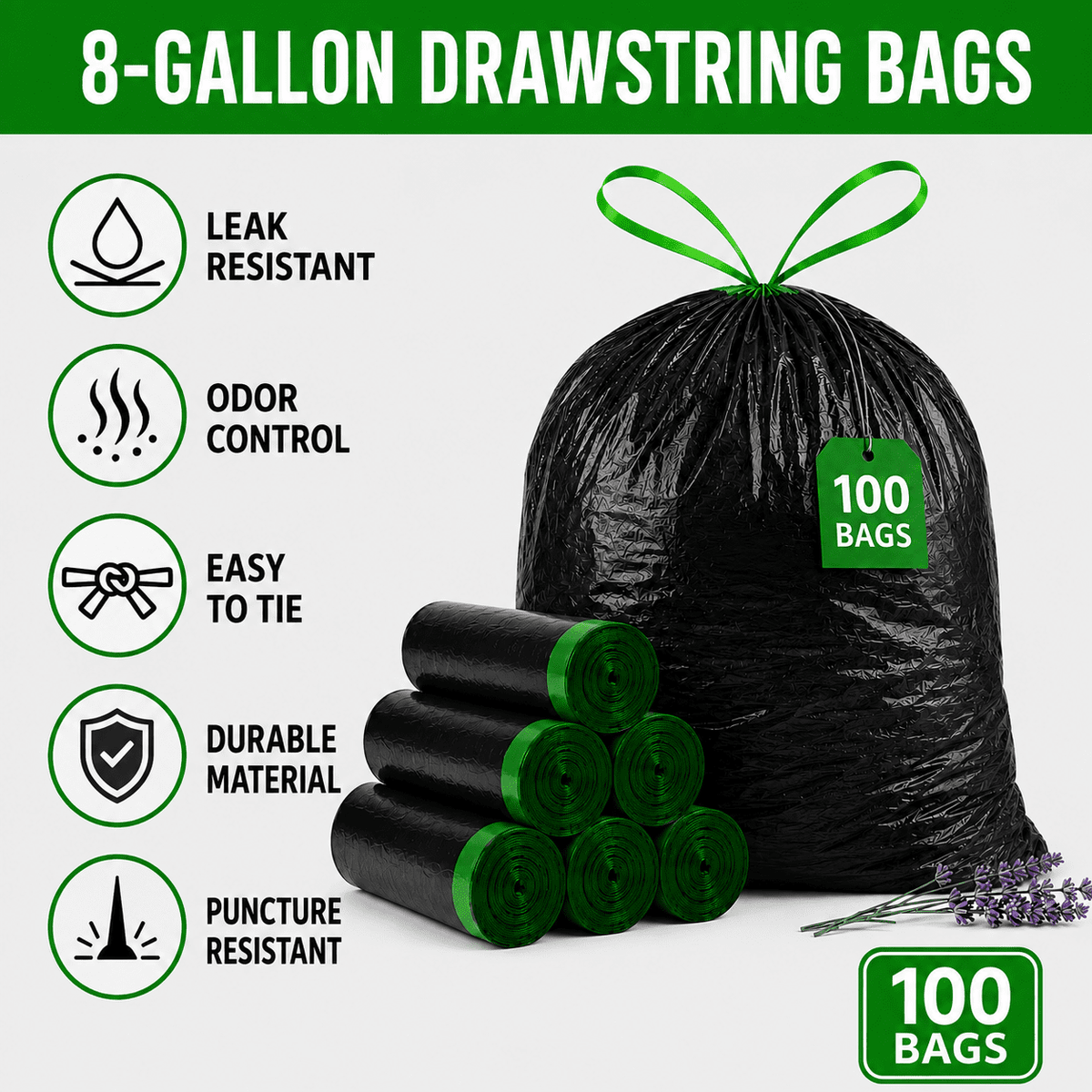 8 Gallon Trash Bags Lavender Scented (100 Count), Black Drawstring Garbage Bags for 6-8 Gallon Cans, Tear Resistant Small Trash Bags for Kitchen, Bathroom, Office Waste Odor Control