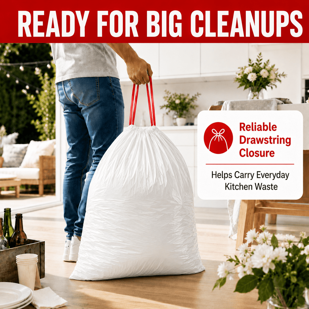 30 Gallon White Trash Bags, 60 Count, Floral Scented Drawstring Garbage Bags for Large Kitchen, Office, Garage and Household Cleanup
