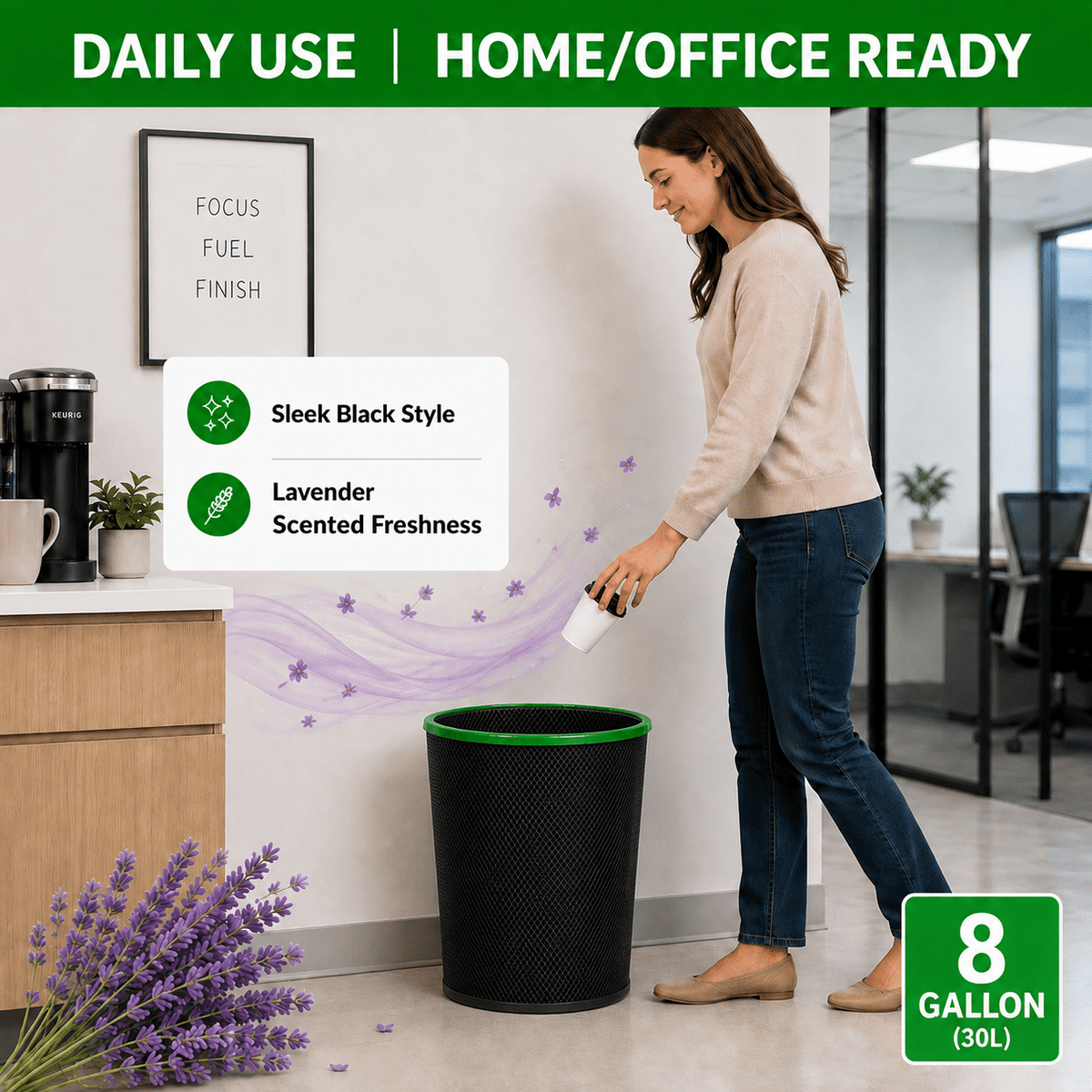 8 Gallon Trash Bags Lavender Scented (100 Count), Black Drawstring Garbage Bags for 6-8 Gallon Cans, Tear Resistant Small Trash Bags for Kitchen, Bathroom, Office Waste Odor Control