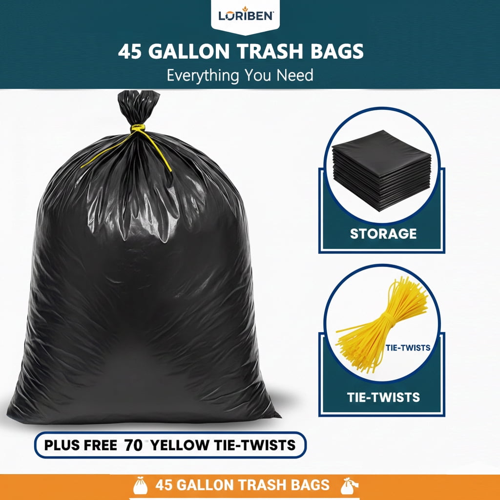 45 Gallon Trash Bags (70 Count), Black Heavy Duty Outdoor Garbage Bags, with Tying Ropes
