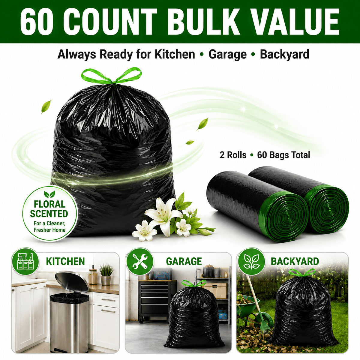 30 Gallon White Trash Bags, 60 Count, Floral Scented Drawstring Garbage Bags for Large Kitchen, Office, Garage and Household Cleanup